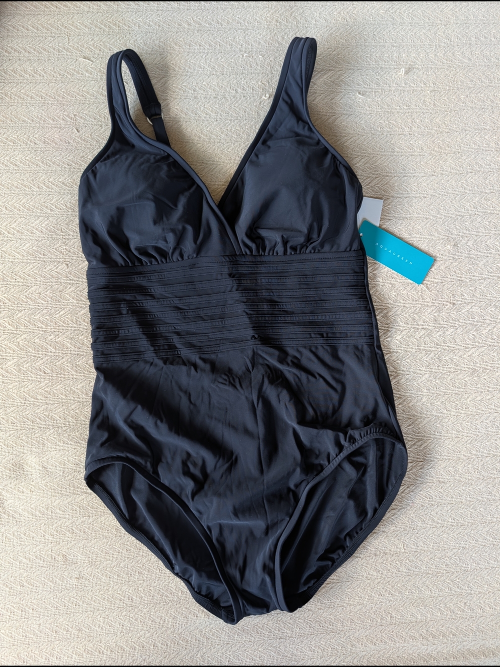 Aqua Green Black One-Piece Swimsuit with Waistband Detail
